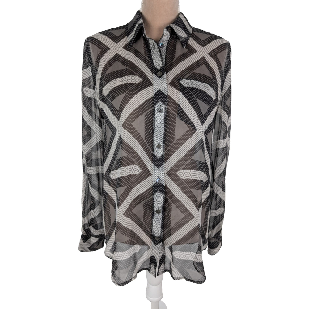 Equipment Sheer Top Blouse Sz S 100% Silk Geometric Black White Classic Preppy